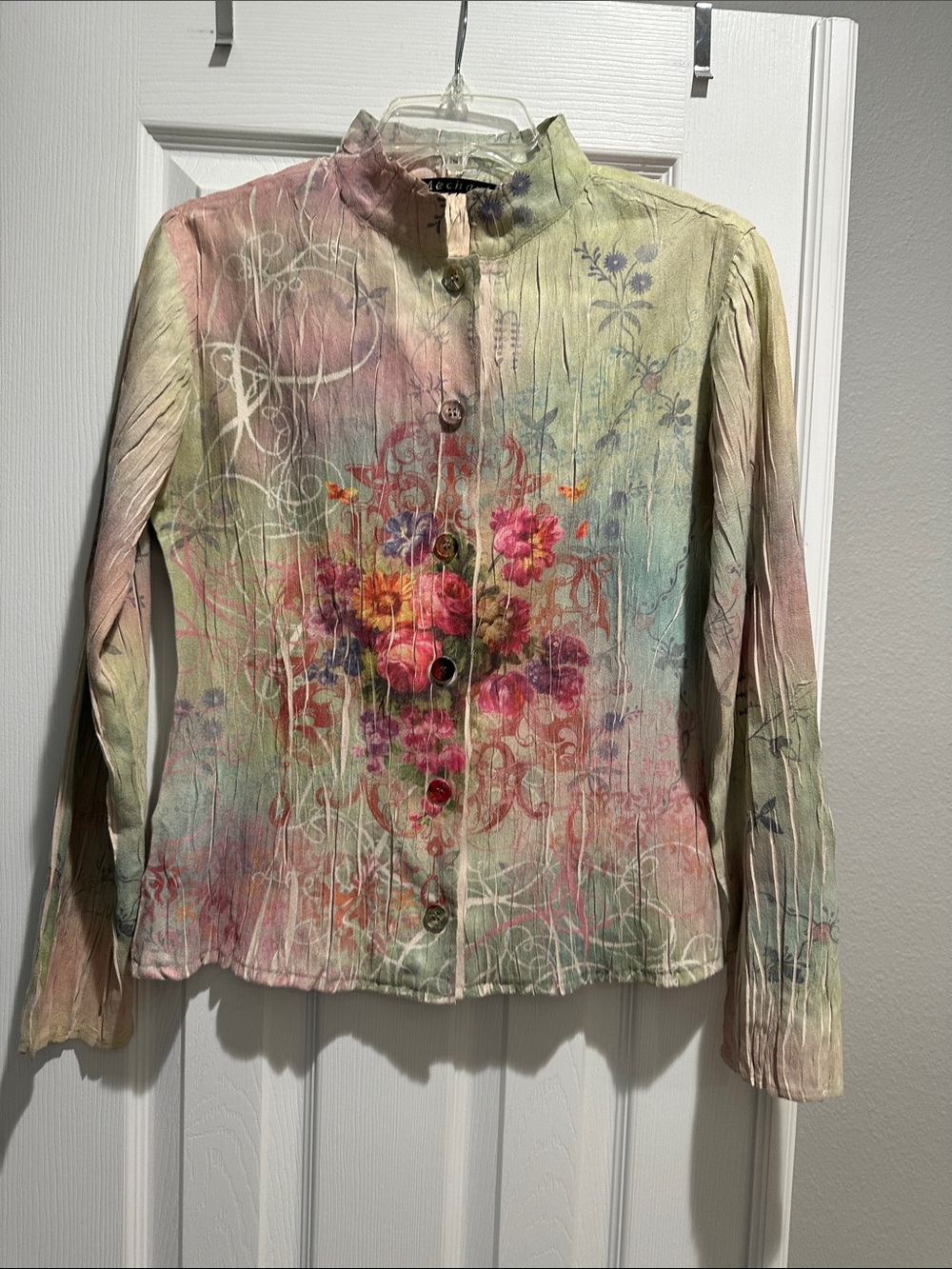 Mechant Pink Green Floral Watercolor Button-Down Blouse